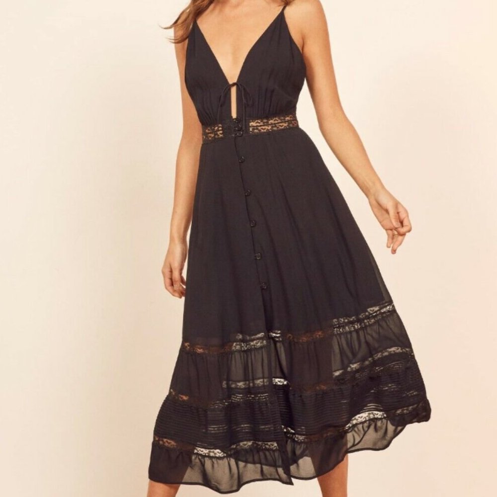 REFORMATION Black Lace Stripe Keyhole SHELLEY Sleeveless Crepe Midi Dress Size 0